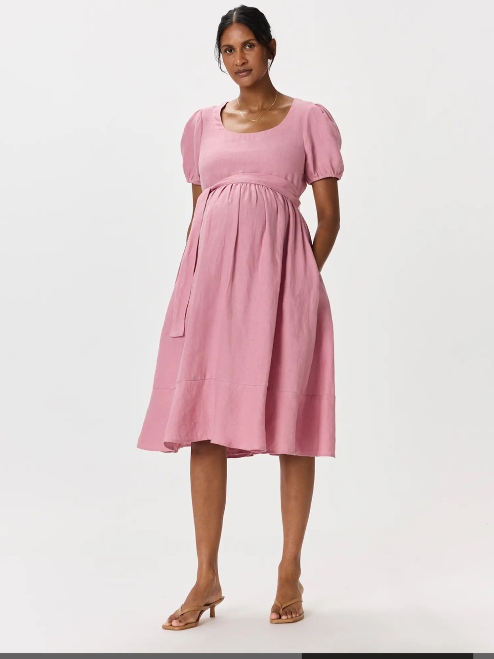 100% European Linen Maternity Short
Sleeve Midi Dress In Mauve Mist Size XL